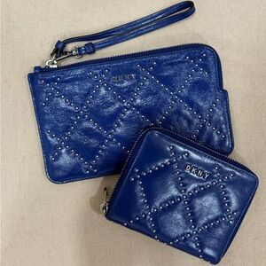 DKNY Sophia Blue Studded Leather Set of wallet and wristlet bag